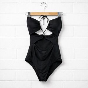 NWT Aerie‎ One Piece Swimsuit Women Medium Black Cutout Sexy Braided Halter
